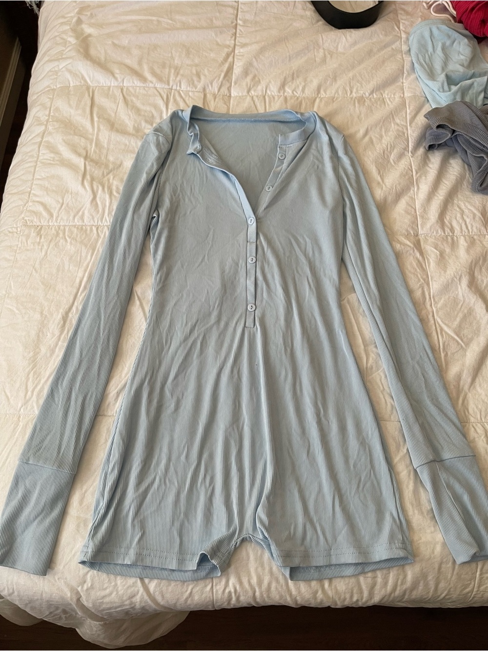 Light Blue Ribbed Long Sleeve Henley Romper